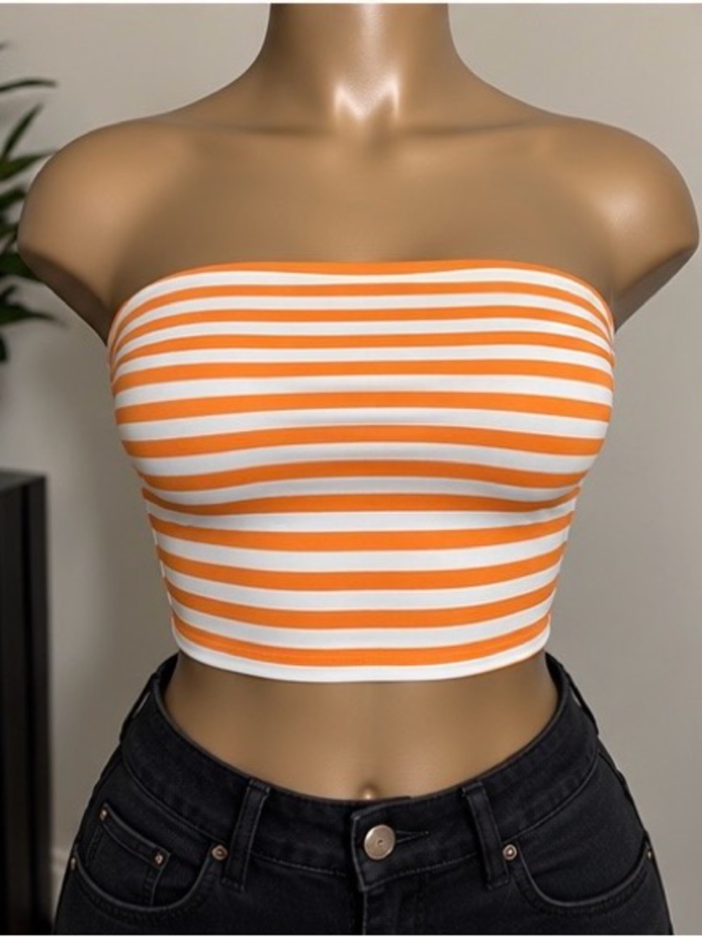 Striped Orange & White Strapless Bandeau Crop Top
